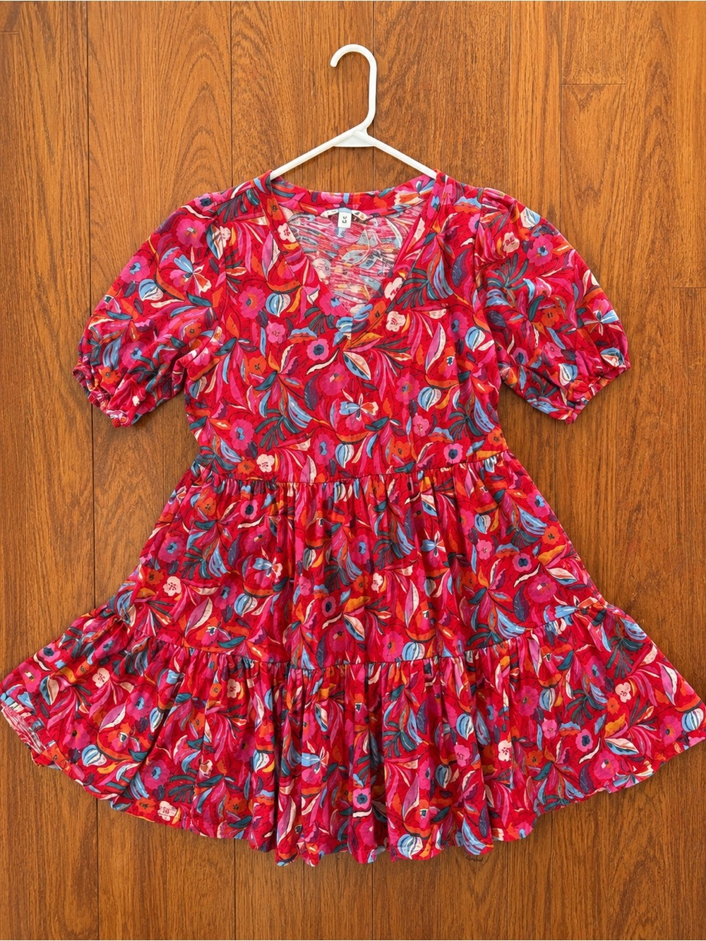 The Pioneer Woman Bright Red Floral Tiered Kids Dress with Puff Sleeves